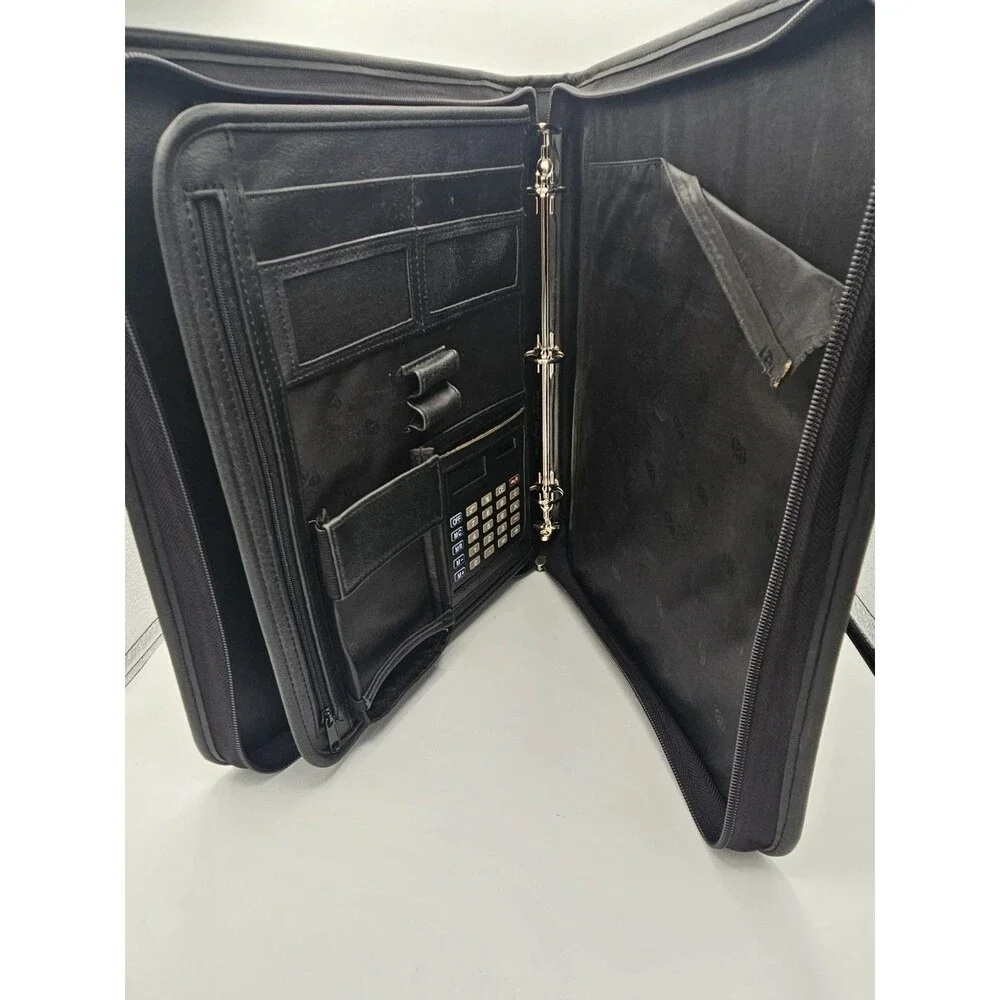 American Tourister Black Leather Zipper 3 Ring Binder W/ Calculator + Holder
